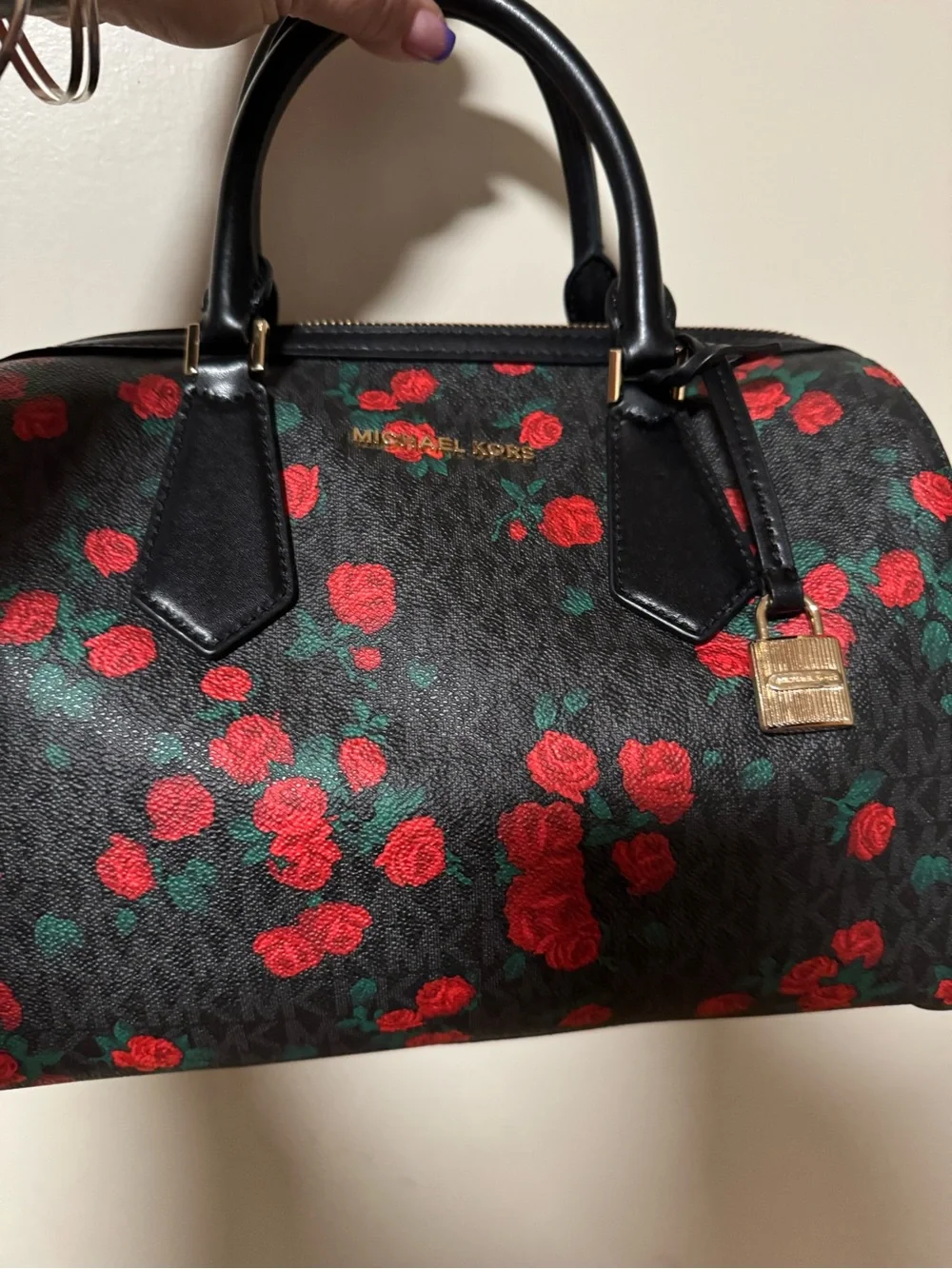 Michael Kors Black Satchel and Wristlet with Red Floral Print